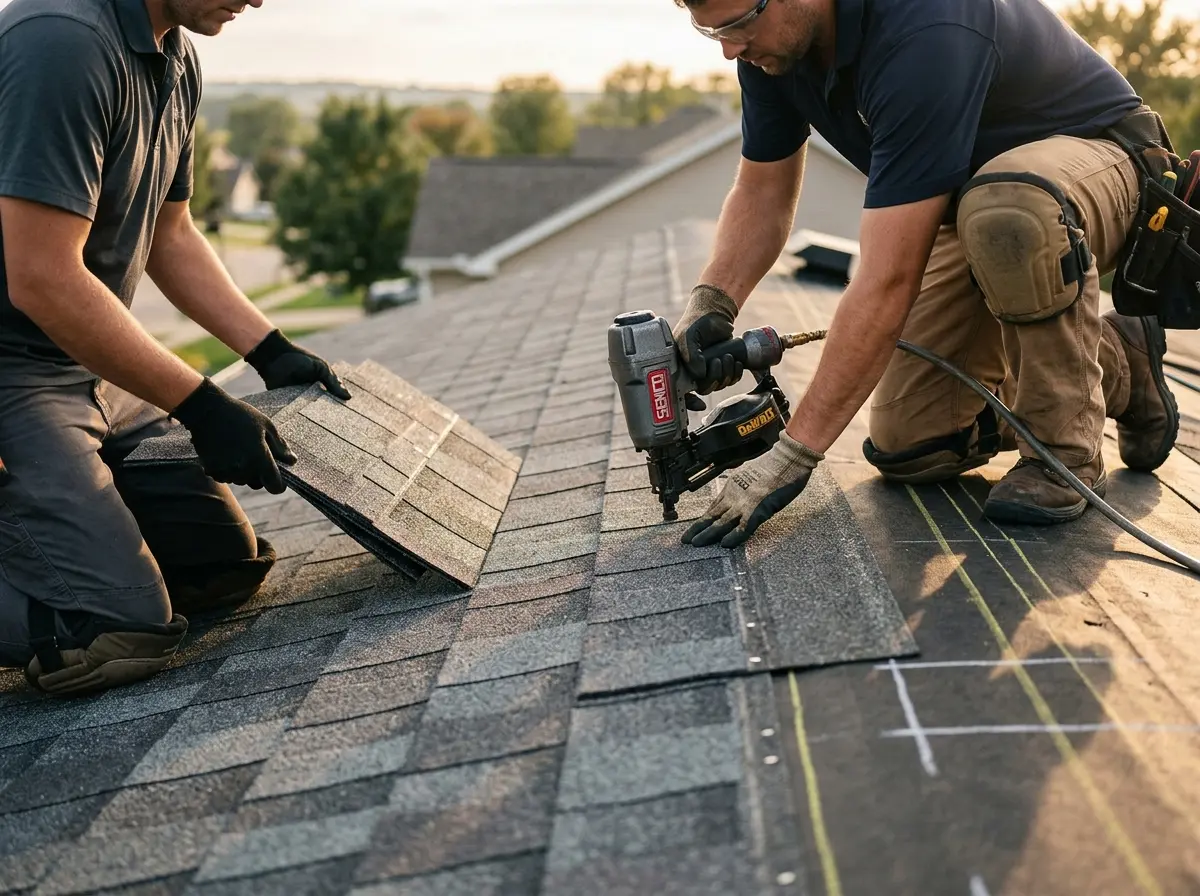 Professional roofer working on a residential roof in Fox Point